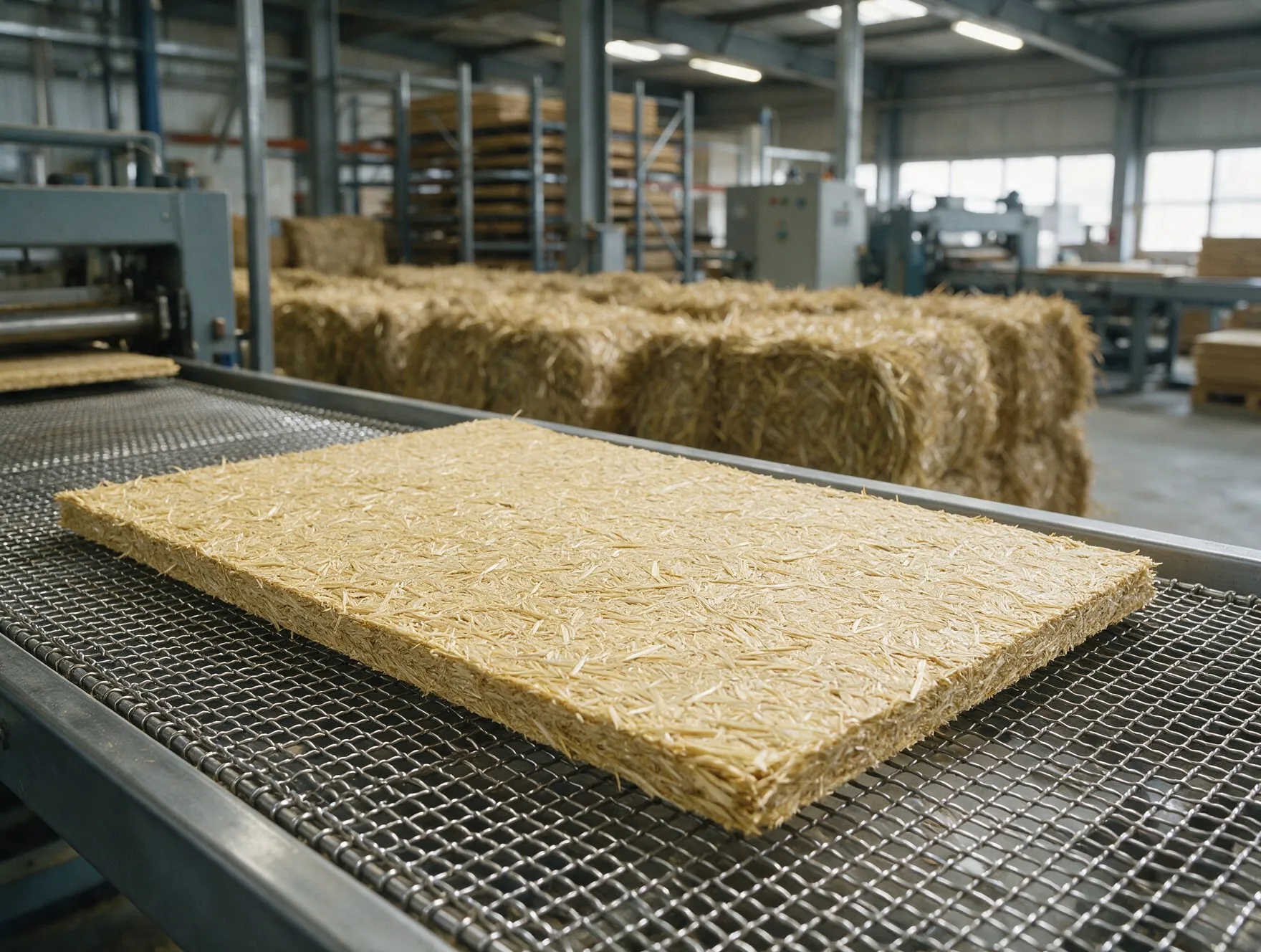 Pressed straw board panel on a stainless steel wire mesh conveyor belt, straw bales behind
