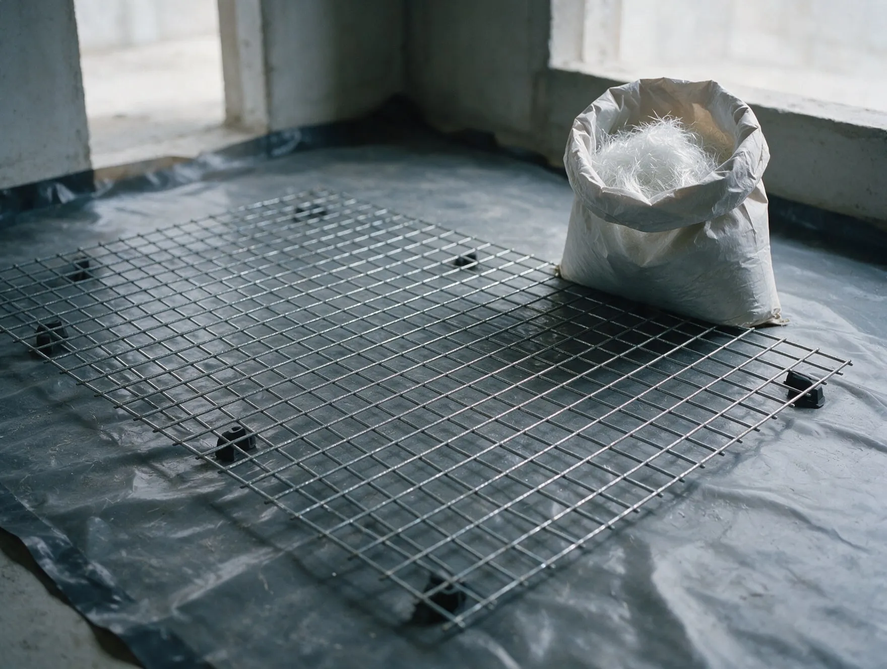 Welded wire mesh laid for a concrete floor slab beside an open sack of synthetic reinforcing fibres
