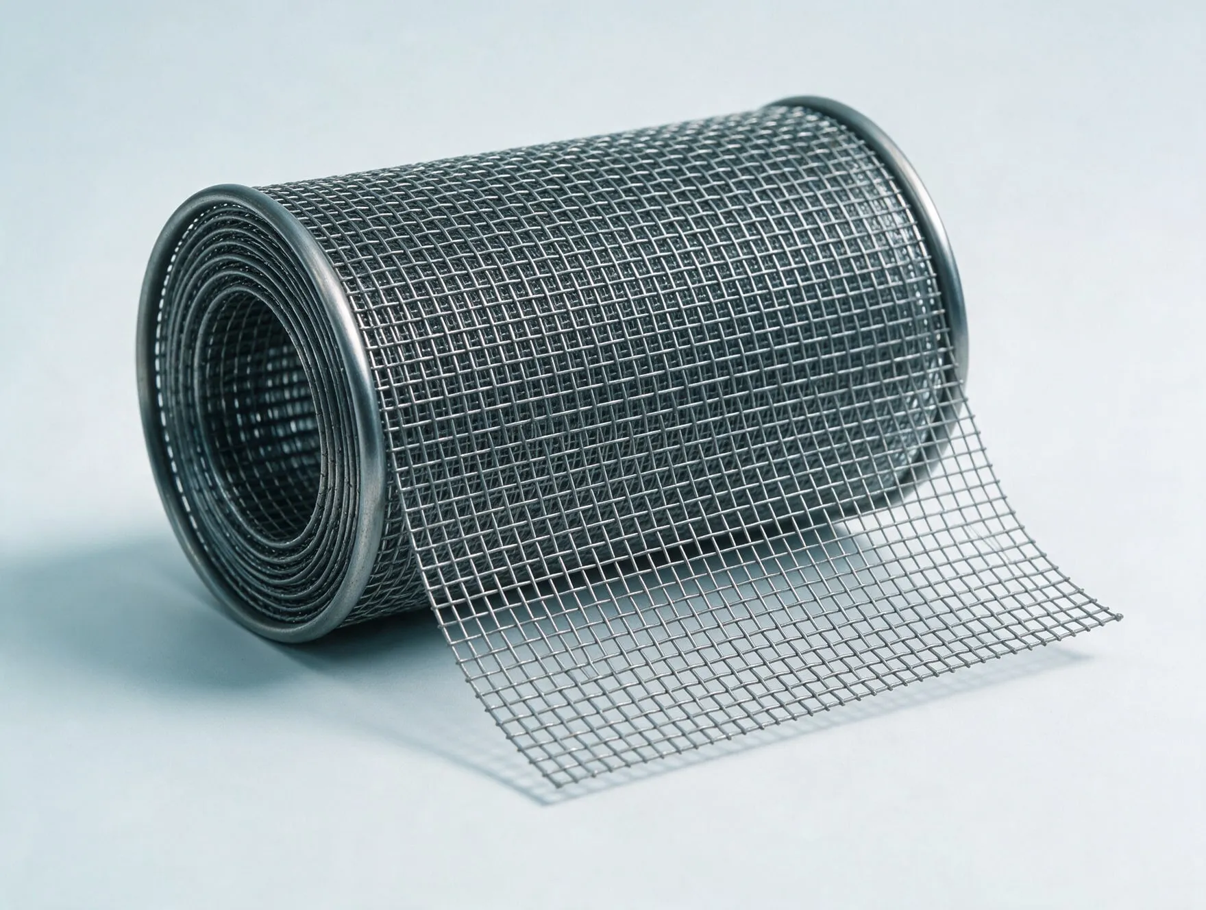 A roll of woven steel wire mesh, partly unrolled