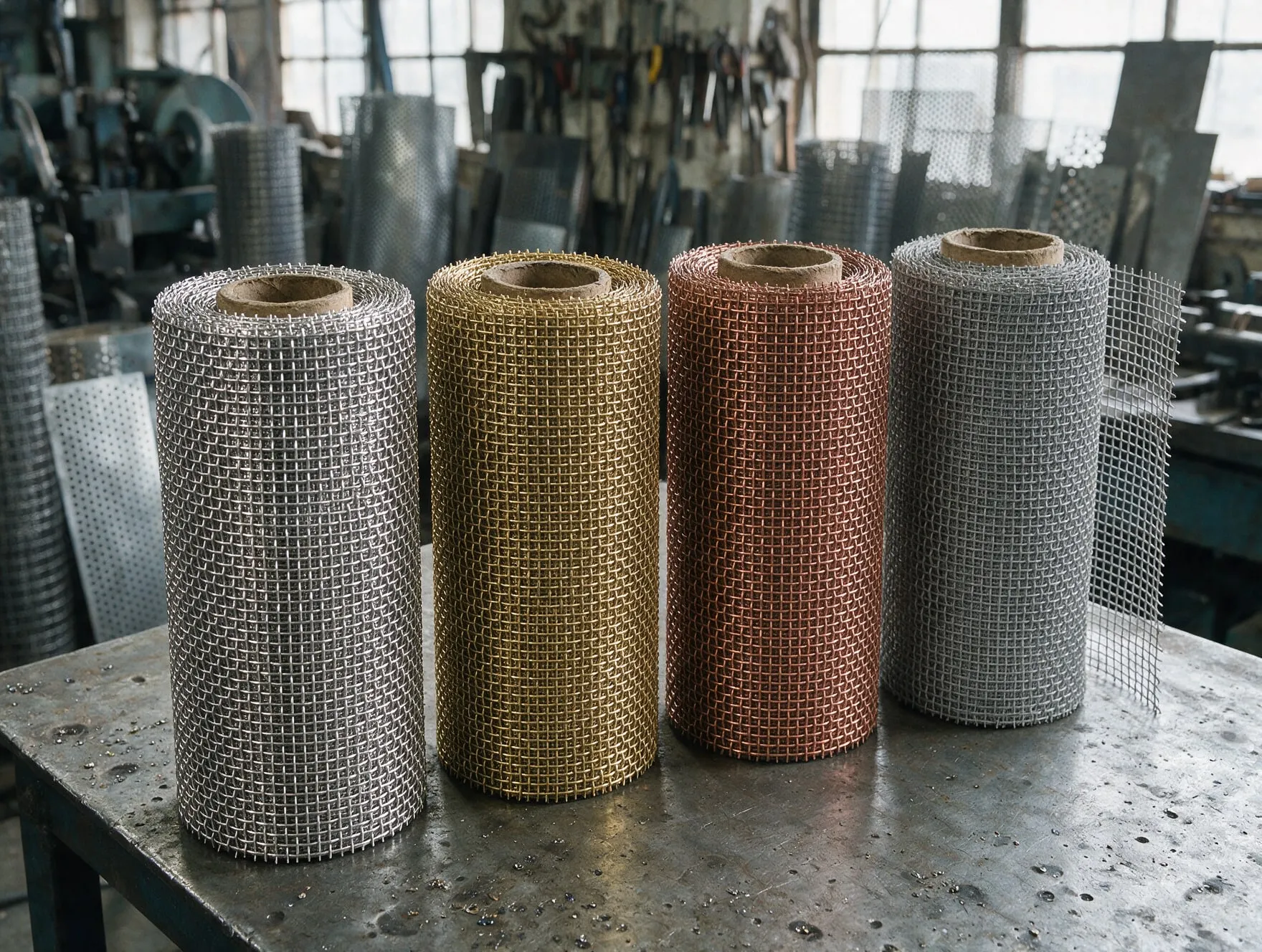 Rolls of woven wire mesh in stainless steel, brass, copper and aluminium on a workshop bench